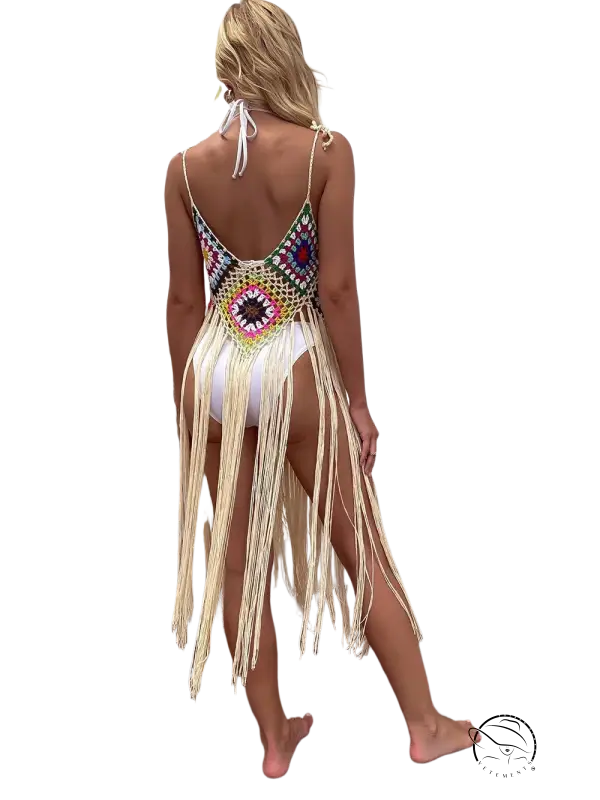 Coral red floral stitching dress with light blue geometric fringe