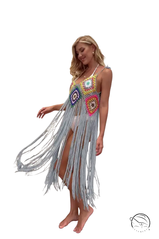 Coral red floral stitching dress with vibrant geometric fringe in light blue