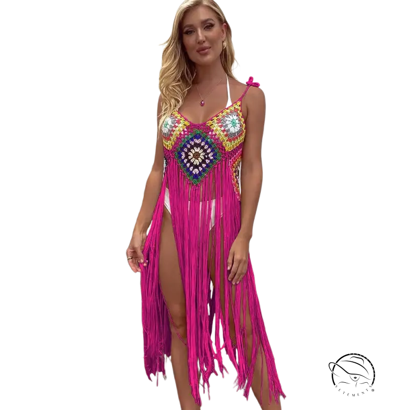 Coral red floral stitching dress in vibrant pink crochet with geometric fringe