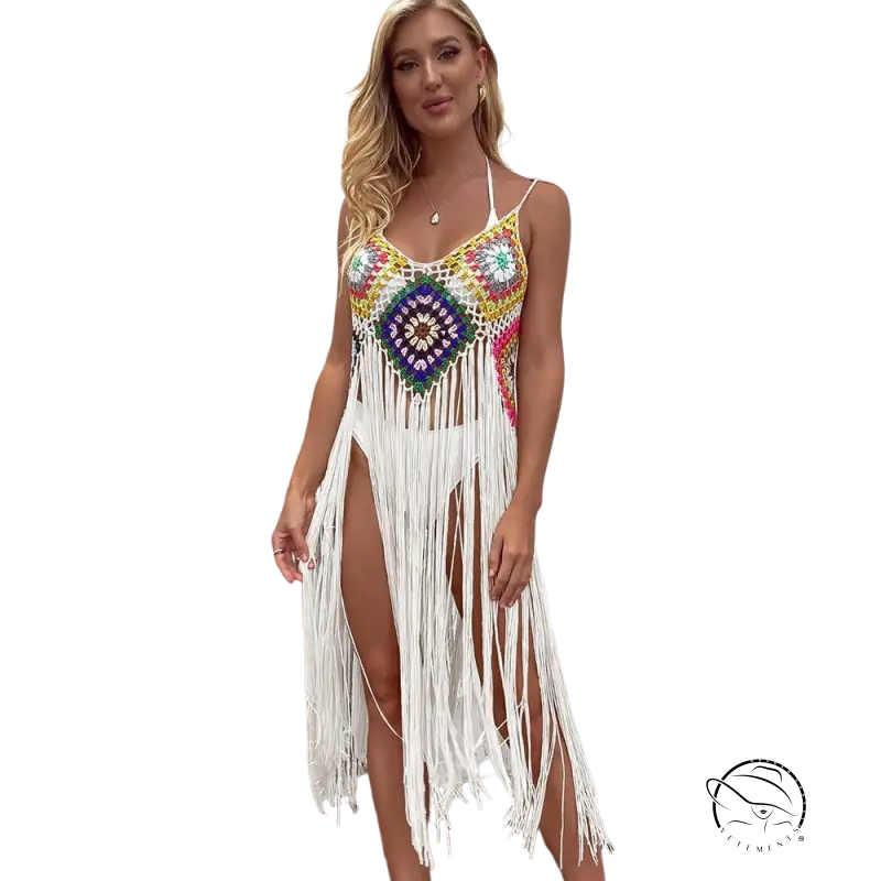 Coral red floral stitching dress with light blue geometric fringe detail