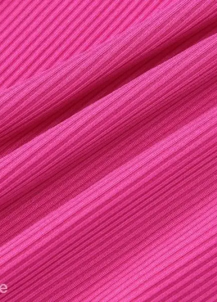 Coral red long sleeve jumpsuit in bright pink ribbed polyester fabric