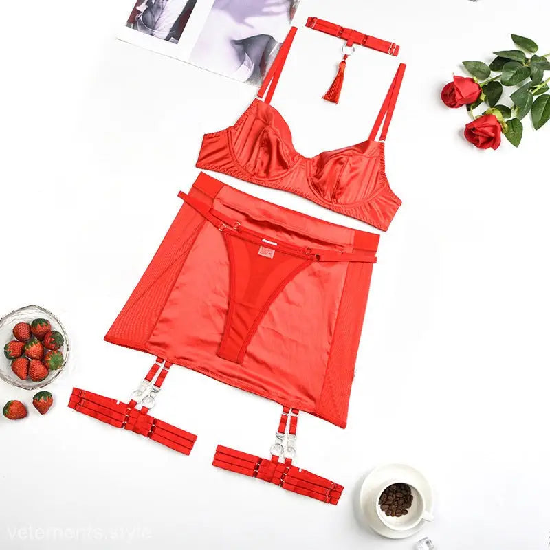 Coral Red Polyester Lingerie Suit with Cutout Design featuring sexy lingerie suit and garter straps