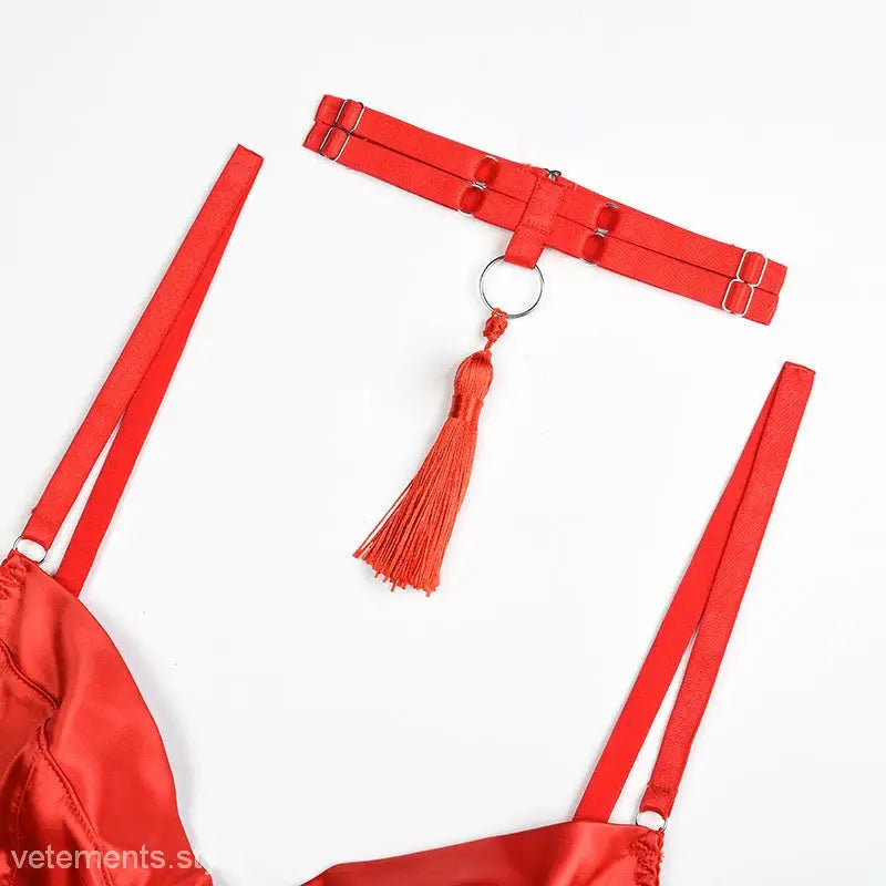 Coral Red Polyester Lingerie Suit featuring a sexy lingerie suit design with tassels