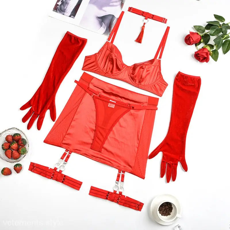 Coral Red Polyester Lingerie Suit with Cutout Design and matching gloves, sexy lingerie suit