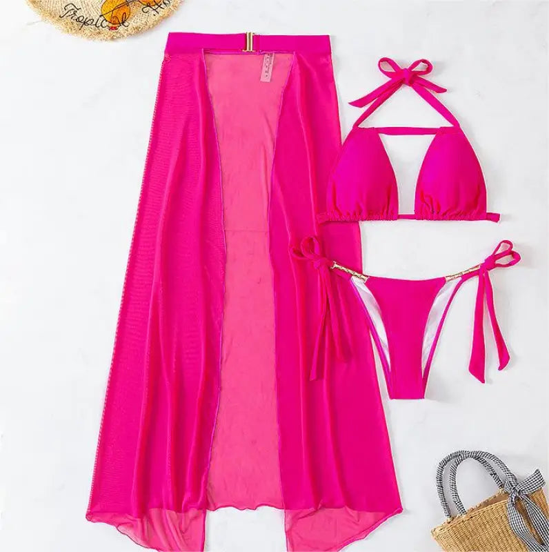 Coral Red Boho Swimsuit with Backless Halter Design