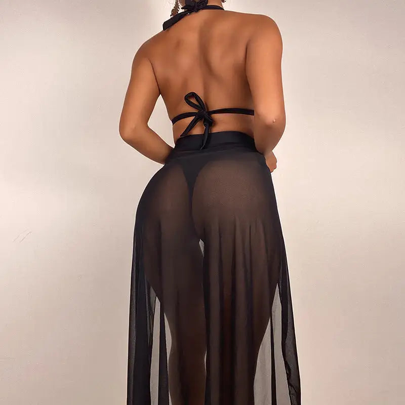 Coral Red Boho Swimsuit with Backless Halter Design