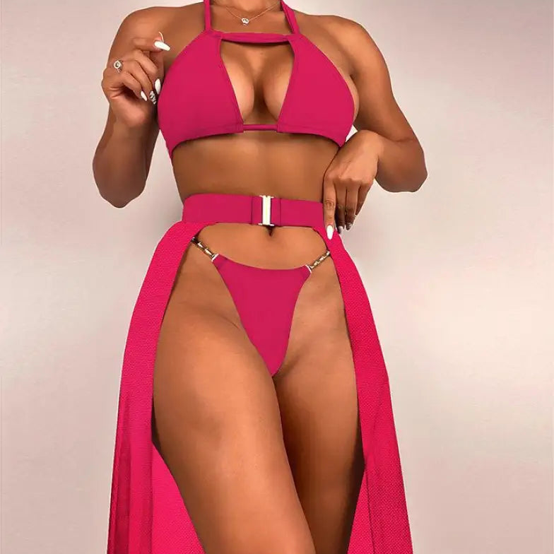 Coral Red Boho Swimsuit with Backless Halter Design