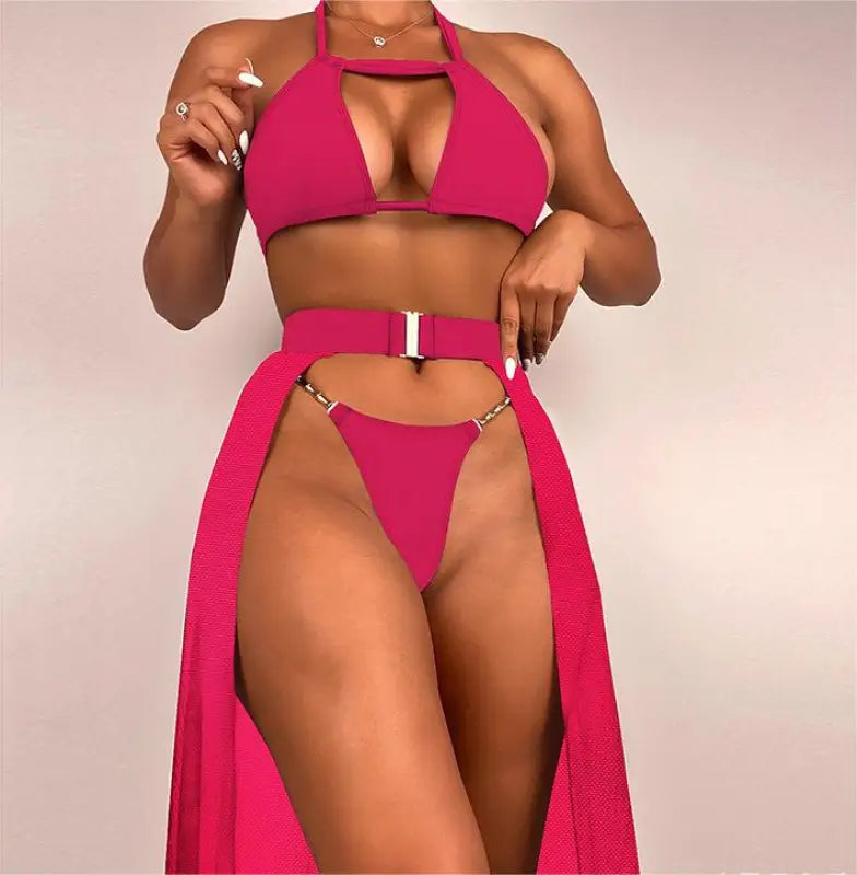 Coral Red Boho Swimsuit with Backless Halter Design