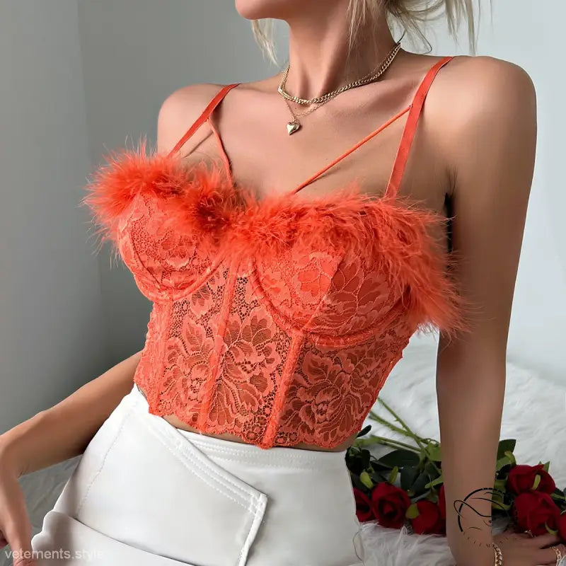 Coral red sexy French lace corset with orange lace bustier and feather trim