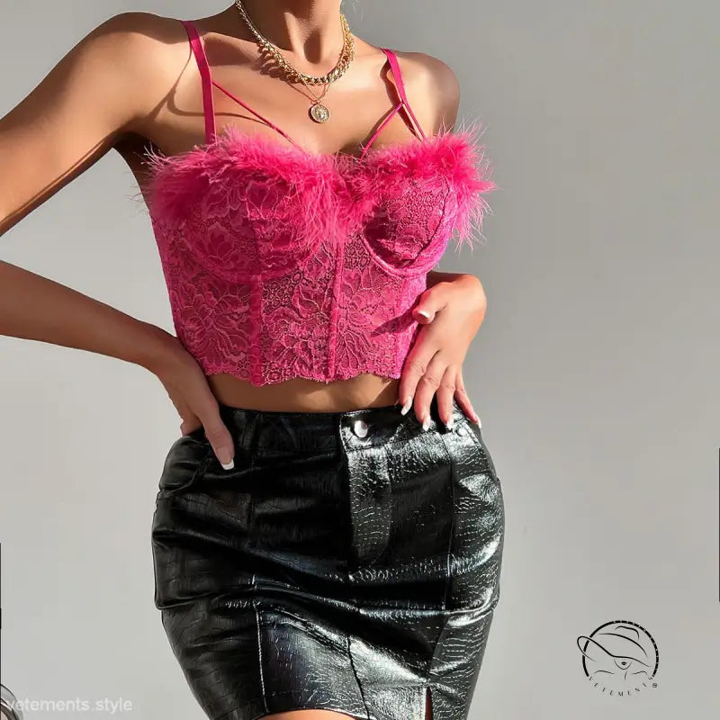 Coral red sexy French lace corset with pink lace bustier and black skirt