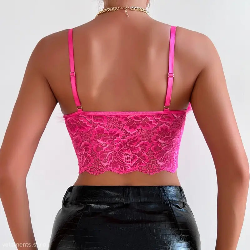 Hot pink lace crop top from Coral Red French Lace Corset with cutout and tie design
