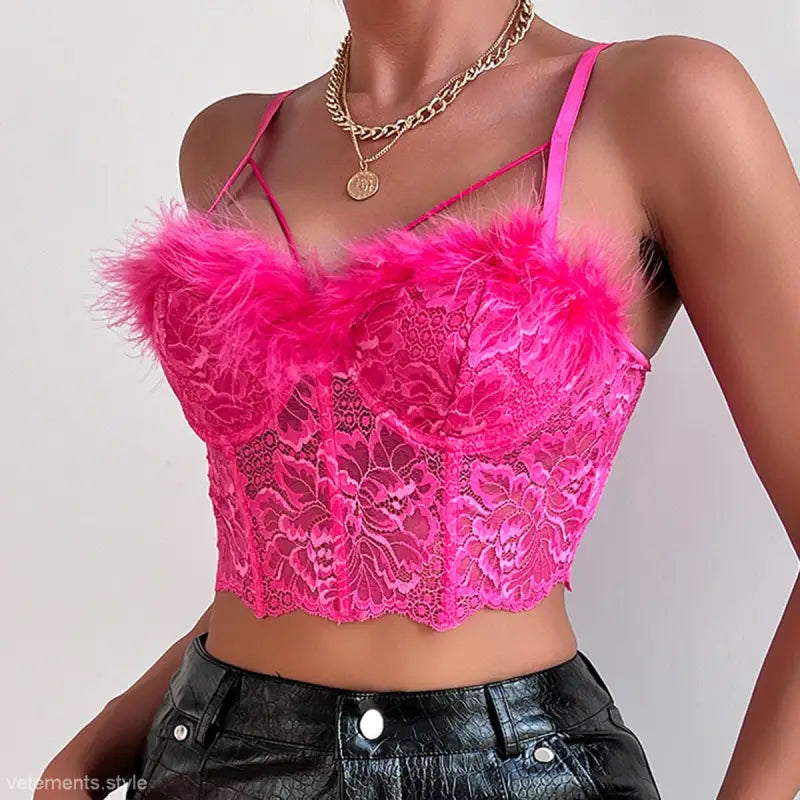 Pink lace and feather bustier from Coral Red French Lace Corset with Cutout and Tie Top Design