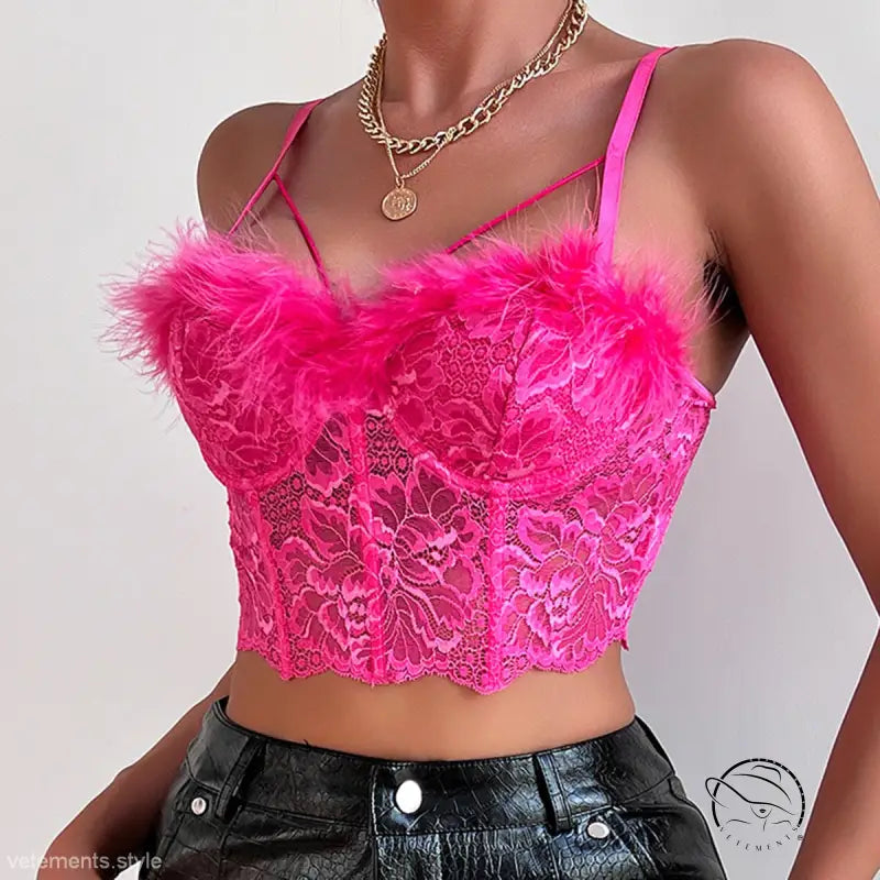 Coral red sexy French lace corset with pink lace and feather bustier