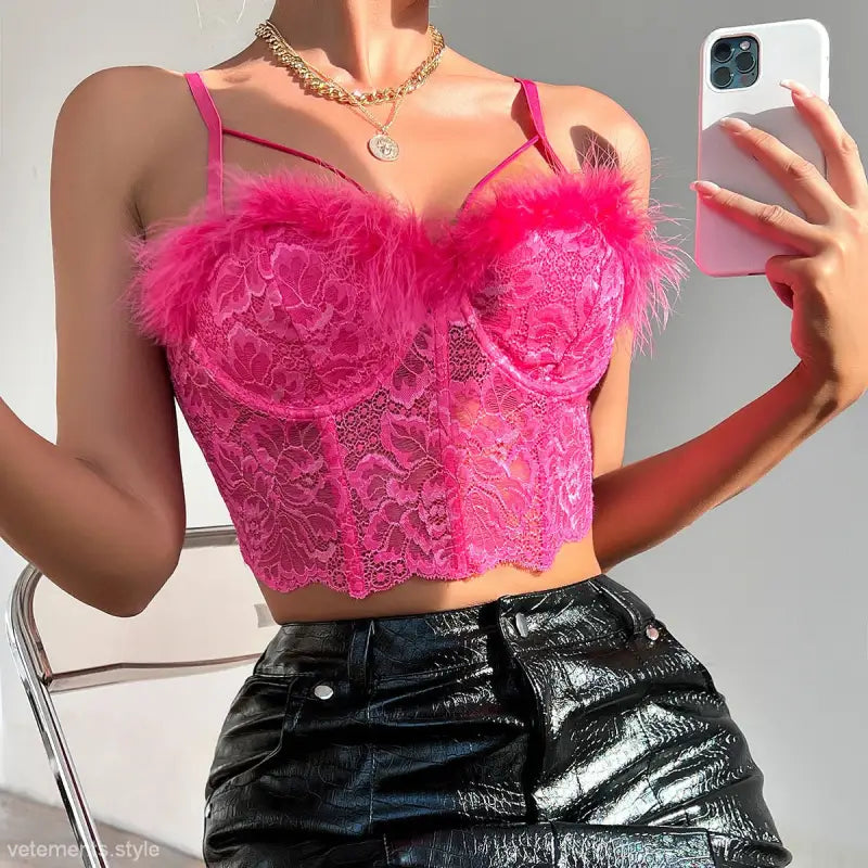Pink lace and feather bustier from Coral Red French Lace Corset with Cutout design