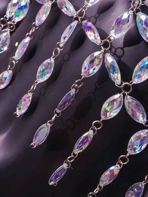 Coral red crystal bikini bra with iridescent beads on chains