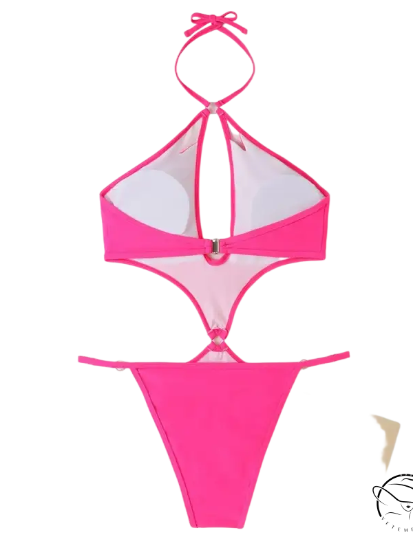 Coral red sexy swimsuit with pink halter bikini and cutout sleeves, free shipping