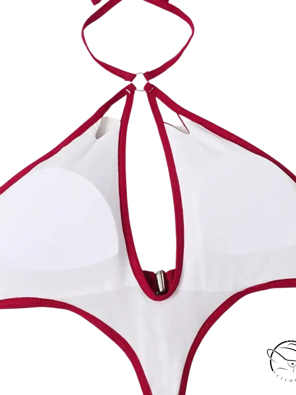 Coral red sexy swimsuit halter top with red accents, metal clasp, free shipping