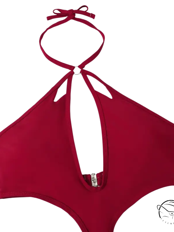 Vibrant coral red sexy swimsuit with cutout and free shipping