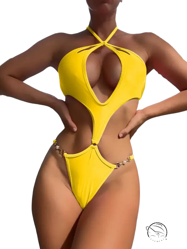 Sexy coral red swimsuit with cutout sleeves and free shipping