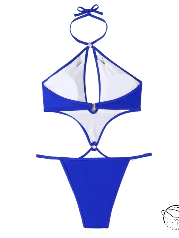 Coral red sexy swimsuit with cutout sleeves and blue-white halter tie-back