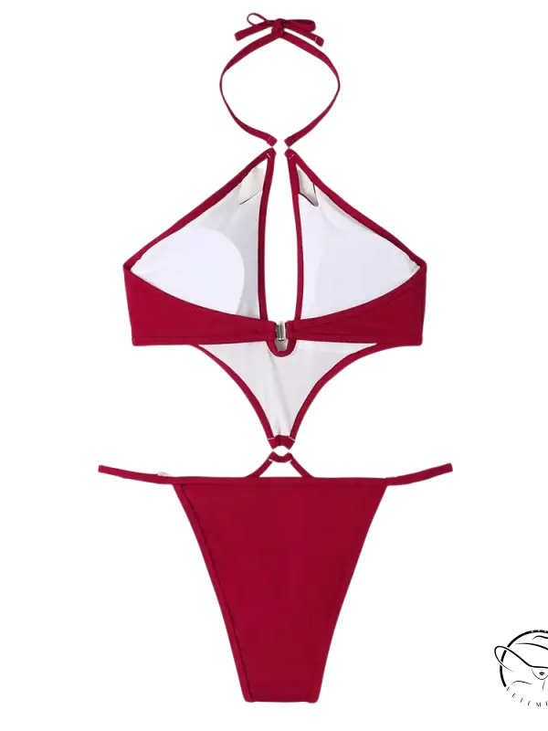 Coral red sexy swimsuit with halter bikini, zipper, cutouts, free shipping
