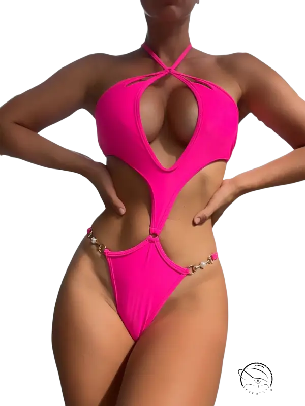 Sexy coral red swimsuit with cutout design, halter neck and gold chain detailing. Free shipping