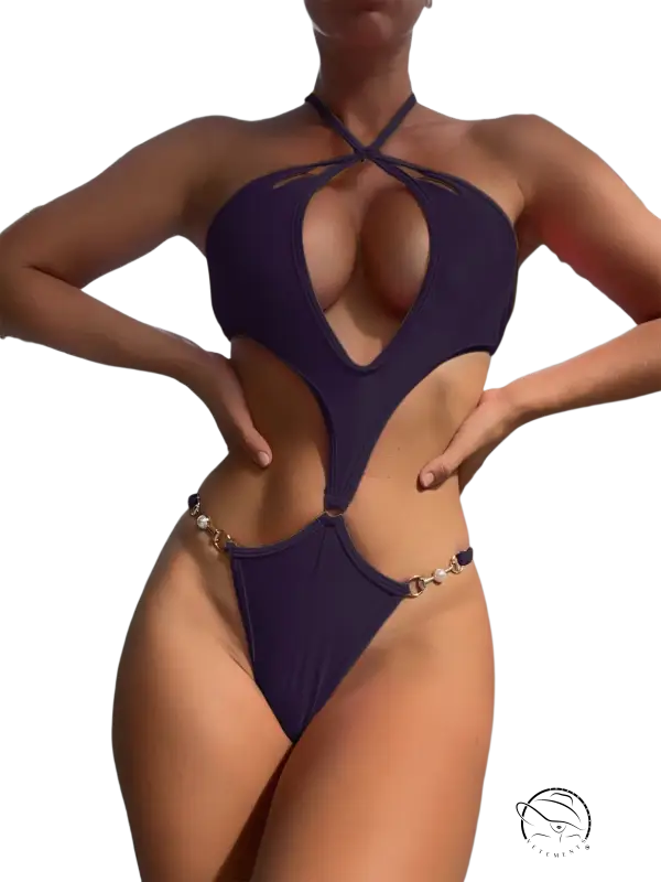 Sexy coral red swimsuit with cut-out sleeves and gold chain hip detailing