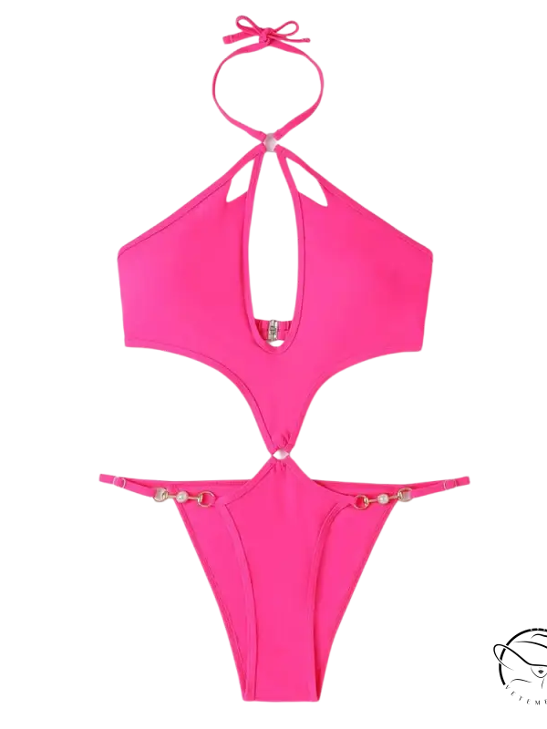 Coral red sexy swimsuit with cutout sleeves and free shipping