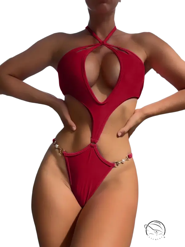 Coral red sexy swimsuit with halter neckline and cutouts, free shipping