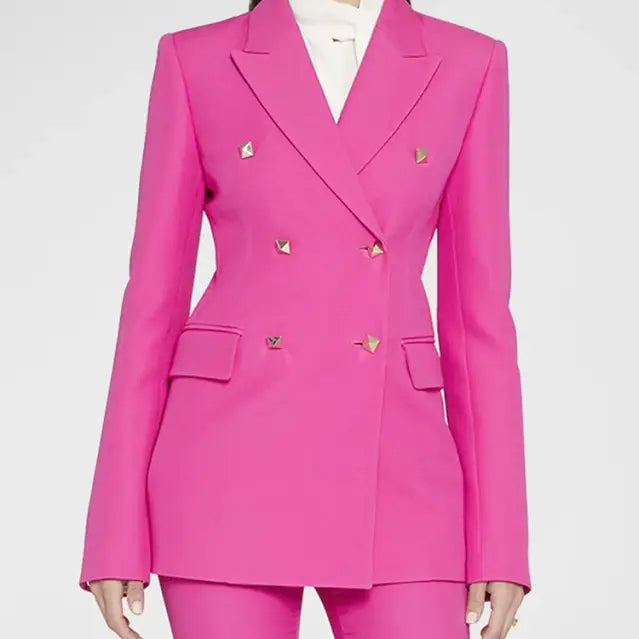 Hot pink double-breasted slim blazer suit, featuring pockets and long sleeves