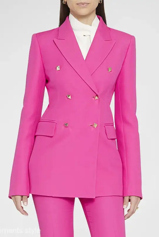 Hot pink double-breasted slim blazer suit, featuring pockets and long sleeves