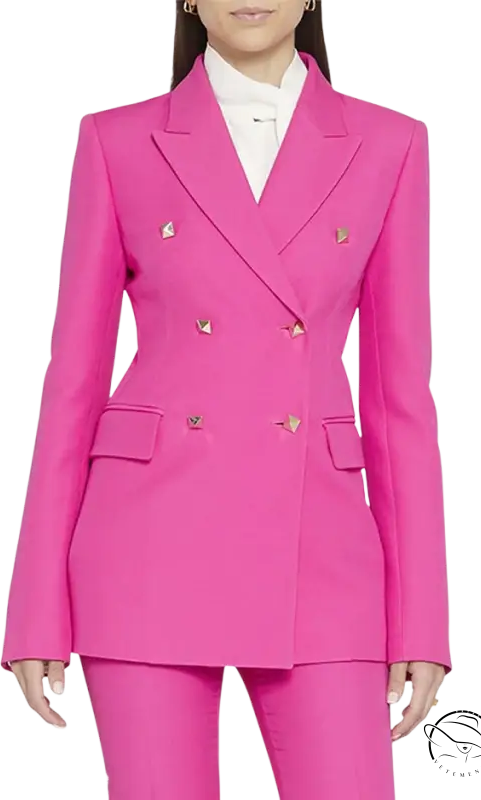 Hot pink double-breasted slim blazer suit, featuring pockets and long sleeves