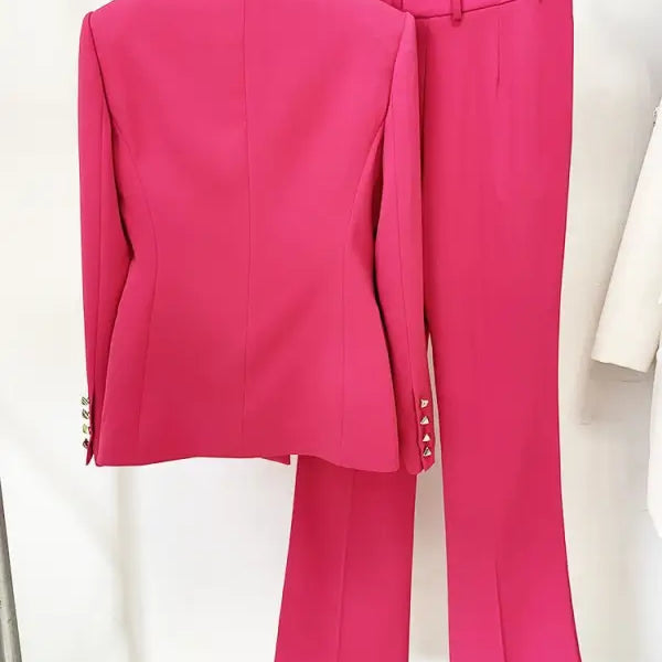 Hot pink women’s slim blazer suit, featuring a coral red design with pockets and long sleeves