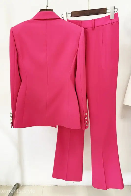 Hot pink women’s slim blazer suit, featuring a coral red design with pockets and long sleeves