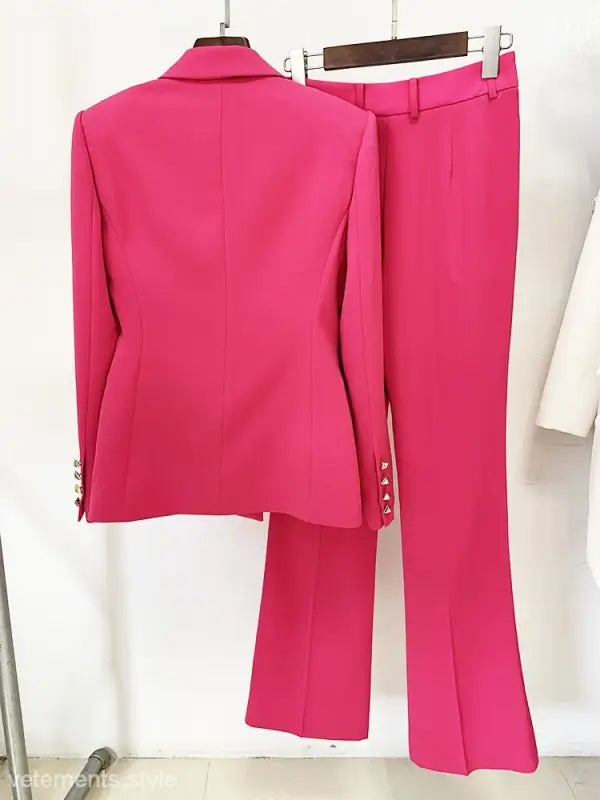 Hot pink women’s slim blazer suit, featuring a coral red design with pockets and long sleeves