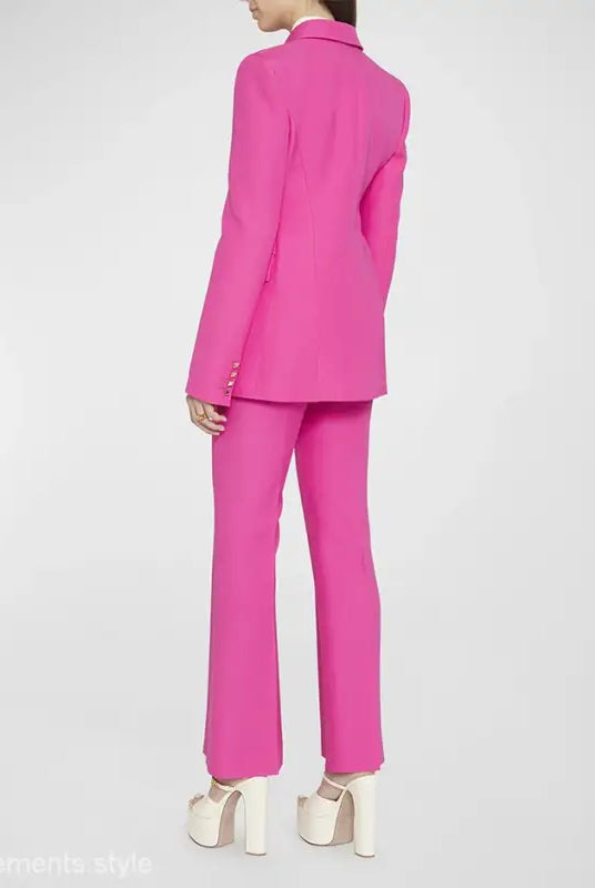 Hot pink pantsuit with platform heels featuring a Coral Red Slim Blazer Suit