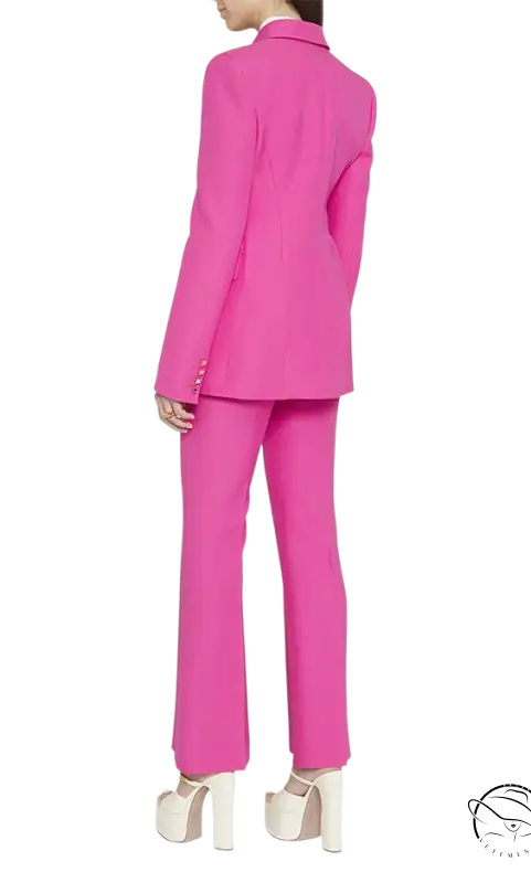 Coral red slim blazer suit with hot pink pantsuit and platform heels