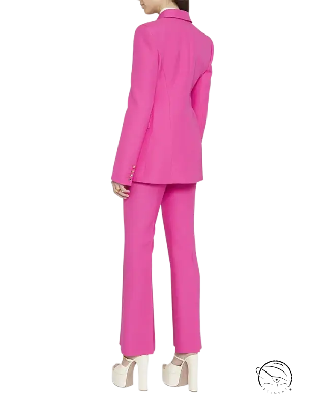Coral red slim blazer suit with hot pink pantsuit and platform heels
