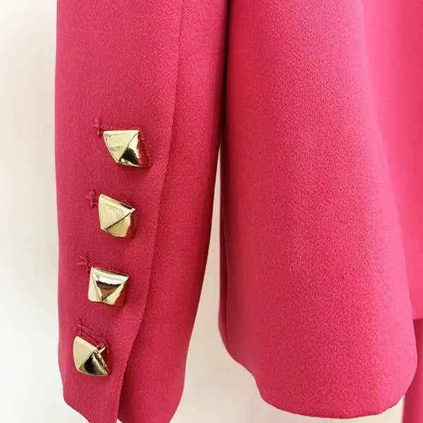 Hot pink blazer sleeve with pyramid studs on Coral Red Slim Blazer Suit