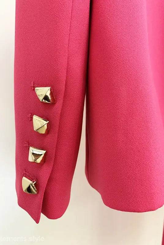 Hot pink blazer sleeve with pyramid studs on Coral Red Slim Blazer Suit