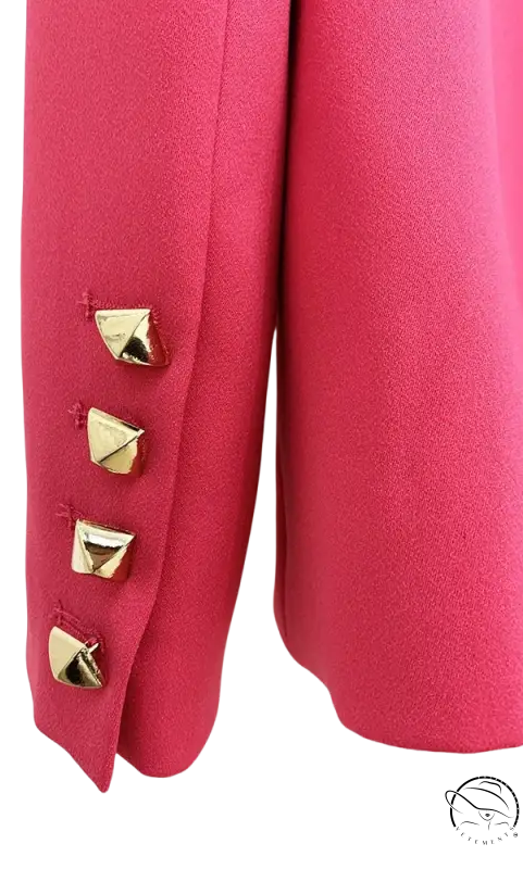 Hot pink blazer sleeve with pyramid studs on Coral Red Slim Blazer Suit