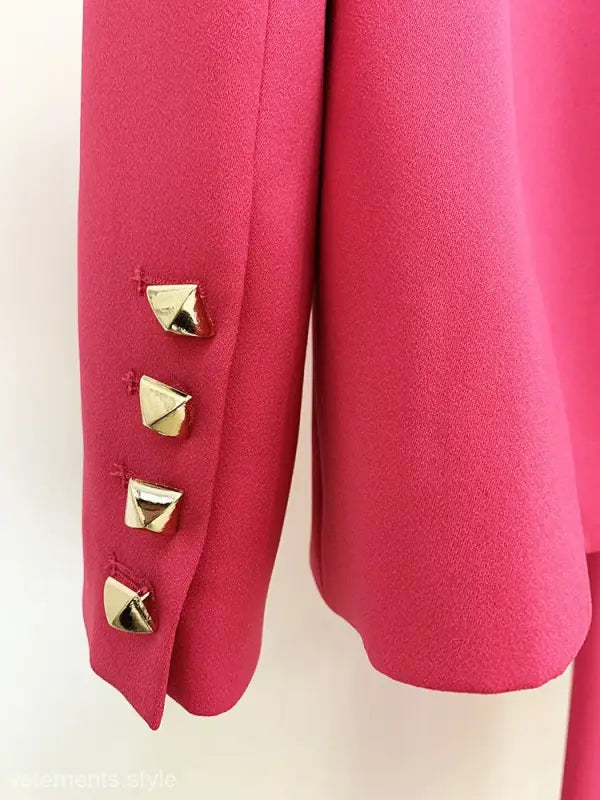 Hot pink blazer sleeve with pyramid studs on Coral Red Slim Blazer Suit
