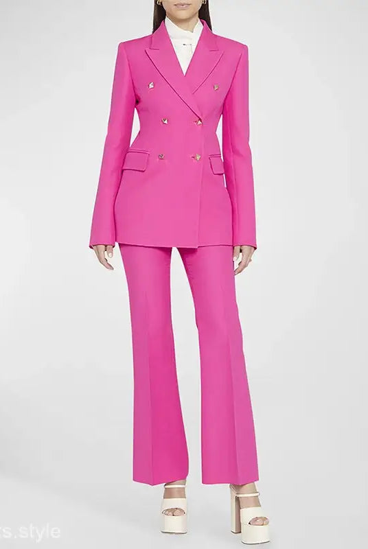 Hot Pink Double-Breasted Pantsuit from the Coral Red Slim Blazer Suit Collection