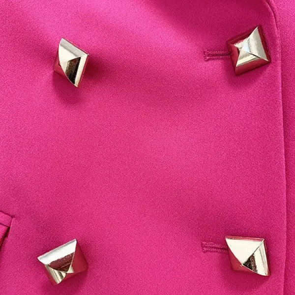 Hot pink blazer with gold buttons in a stylish Coral Red Slim Blazer Suit