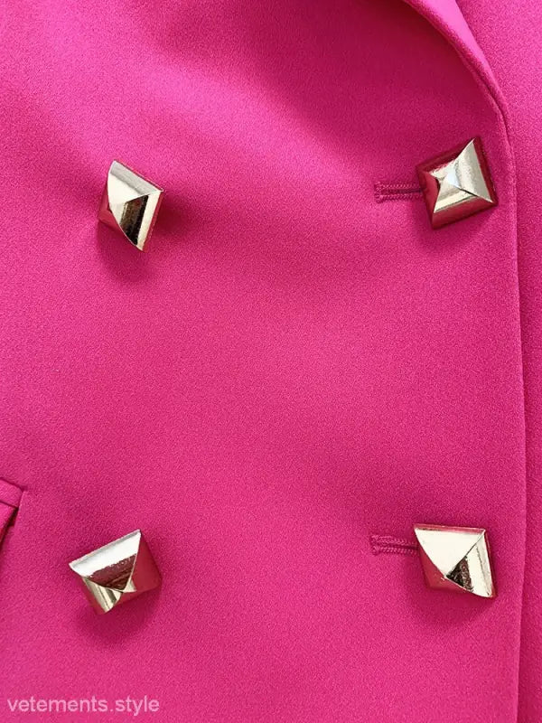 Hot pink blazer with gold buttons in a stylish Coral Red Slim Blazer Suit