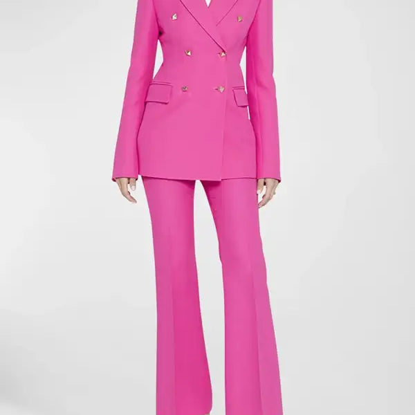 Hot pink double-breasted Coral Red Slim Blazer Suit with pocket and long sleeves