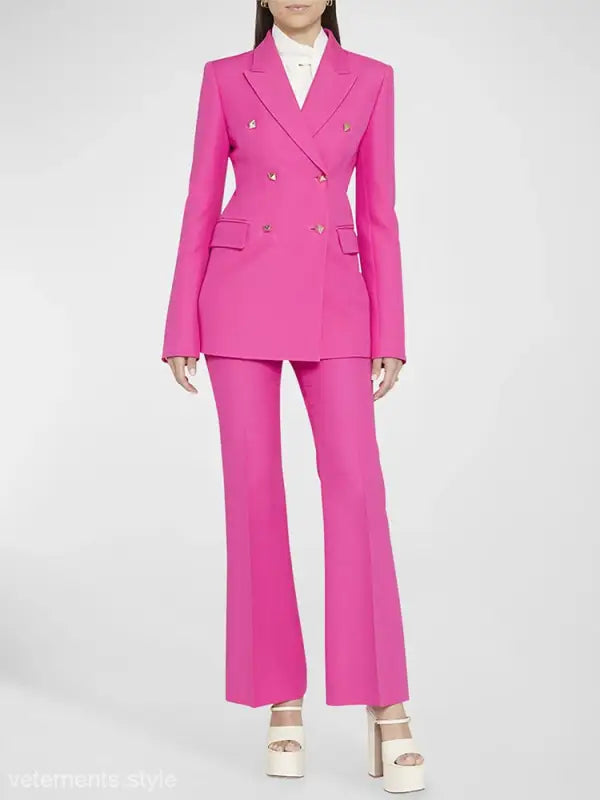 Hot pink double-breasted Coral Red Slim Blazer Suit with pocket and long sleeves