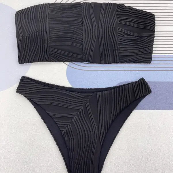 Black textured coral red three dimensional bikini swimsuit with strapless bandeau top