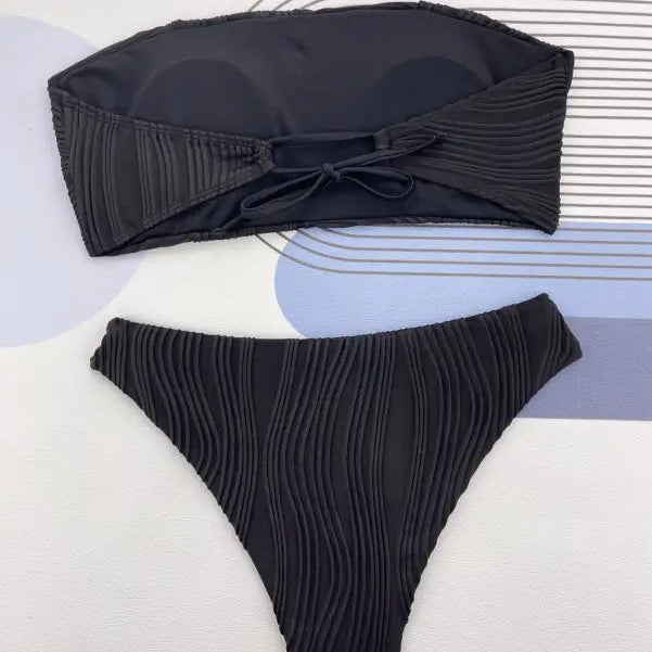 Black strapless textured coral red three dimensional bikini swimsuit with front tie detail