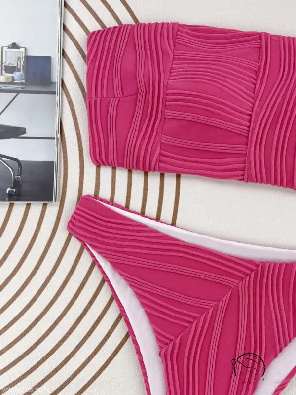 Coral red three dimensional bikini swimsuit with hot pink textured bandeau set